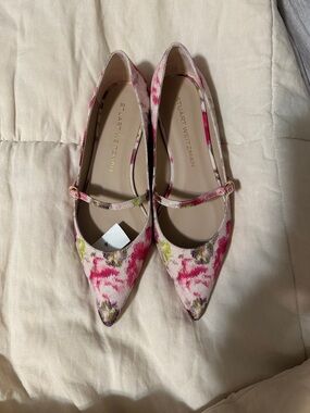 NWT! Stuart Weitzman Pink Floral canvas Pointed Mary Jane Flats